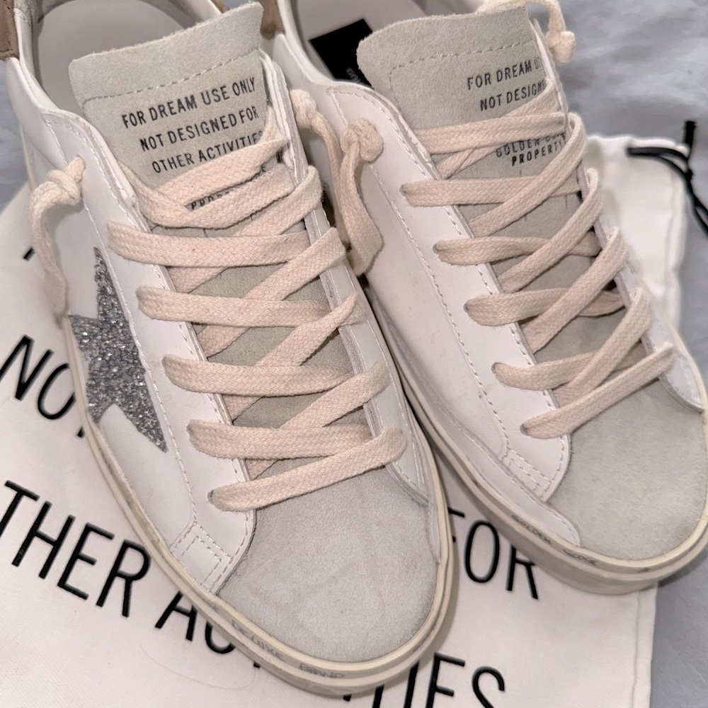 Golden Goose White Leather Dove Gray Glitter Star Nubuck Heel Shoes Sneakers 40 - Picture 2 of 7